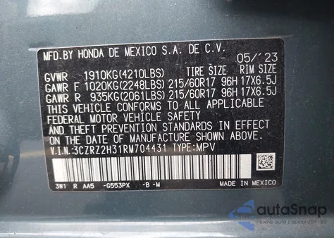 2024 Honda Hr-V Awd Lx z USA, uszkodzony, nr VIN 3CZRZ2H31RM704431